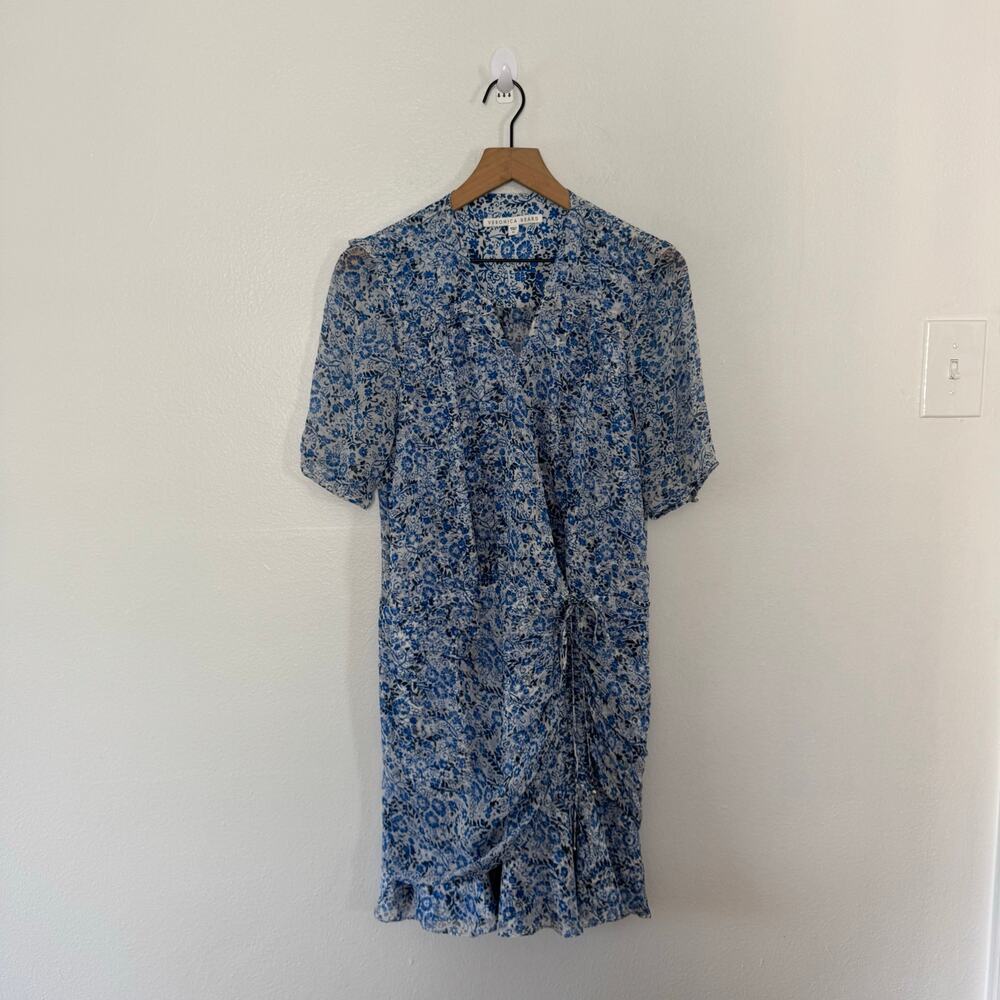 Veronica Beard Women's Blue Floral 100% Silk Gathered Mini Dress Size 10 - Picture 2 of 4